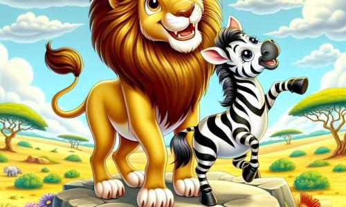 Um leão majestoso chamado Leo, com uma bela juba dourada que brilha ao sol, está em uma pedra elevada, exibindo um largo sorriso caloroso e uma expressão de determinação. Ao seu lado, uma zebra alegre chamada Zizi, com suas listras pretas e brancas brilhantes, dança com entusiasmo, seus olhos brilhando de felicidade. Ao fundo, a savana dourada se estende até onde a vista alcança, salpicada de árvores verdes e flores coloridas, sob um céu azul claro com nuvens brancas e fofas. A cena representa um festival alegre onde Leo e Zizi reúnem todos os animais da savana para celebrar a amizade e a diversidade, criando uma atmosfera festiva e colorida, cheia de risos e música.