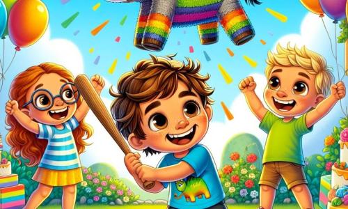 A 5-year-old boy, Oliver, with messy brown hair and sparkling joyful eyes, stands at the center of the scene, a wide smile illuminating his face. He is wearing a blue t-shirt with a dinosaur and a colorful party hat. Next to him, Mia, a 5-year-old girl with curly red hair and round glasses, raises her arms in the air, laughing enthusiastically. Jack, a 5-year-old boy with blonde hair and a green t-shirt, holds a wooden bat, ready to hit a donkey-shaped piñata hanging above them.

The scene takes place in a sunny garden filled with colorful flowers and floating balloons tied to the trees. A large table covered with a rainbow tablecloth is filled with cakes, candies, and small toys.

Oliver, surrounded by his friends, is about to hit the piñata, his face glowing with excitement, while Mia and Jack cheer him on with joyful shouts.