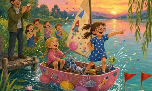 Sunt trei personaje: Cora, fetiță de ~8 ani, păr castaniu prins în cozi, ochelari rotunzi, rochie albastră cu buline albe, stând în fața bărcii cu vela „Pisica Zburătoare”, indicând pupa spre linia de sosire zâmbind larg; Anea, fetiță de ~8 ani, păr blond împletit, hanorac roz, genunchi murdari de noroi, așezată la pupa activând un băț legat de un balon și o paiă suflantă, râzând către Cora; domnul Lupu, antrenor de ~40 de ani, ochelari pătrați, vestă kaki, pe pontonul din stânga aplaudând și ținând o ceasornic vechi. Loc: un mic lac liniștit la apus de vară, apă verde-azurie cu reflexii roz, ponton de lemn uzat în stânga, mal cu iarbă și siluete de copii aplaudând, linia de sosire marcată de două fanioane roșii pe balize albe, nuferi și o frunză mare de salcie în apă. Situația: o barcă roz cu vela, decorată cu abțibilduri de rachete, avansează propulsată de baloane deflate, paiuri suflante și mini-ventilatoare improvizate; aerul e vizibil prin linii albe și bule, vela ușor umflată, confetti și stropi în jur, senzație de viteză blândă și inventivitate jucăușă; stil gouache, culori vii, texturi de pensulă vizibile, atmosferă optimistă.