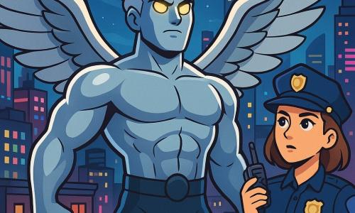 Steelwing, a man with majestic wings and silver skin, stands proudly on a rooftop, his gaze determined and brave. His eyes shine with an intense glow as he spreads his wings, ready to take flight to protect the city. Beside him, Officer Sarah Hart, a woman in her thirties with brown hair and bright eyes, attentively observes the scene. Wearing her police uniform with a shiny badge, she holds a walkie-talkie, ready to give orders to mobilize her colleagues. The setting is a lively neighborhood in Astoria, with skyscrapers illuminated by colorful neon lights and streets below filled with cars and pedestrians. The night is starry, and the moon casts a soft light on the scene. The main situation shows Steelwing ready to fly and confront Shadowfiend, a mysterious enemy threatening the city. The atmosphere is electric, full of tension and excitement as the hero prepares to defend Astoria against evil.