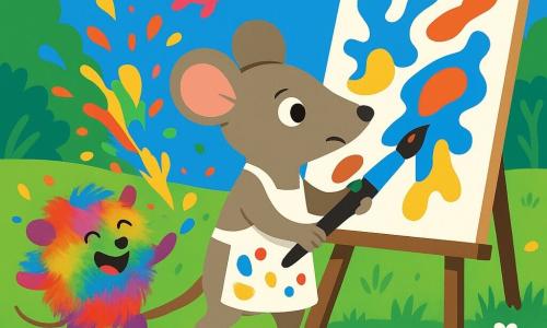 A meticulous painter rat standing on its hind legs with smooth gray-beige fur and alert, surprised eyes, wearing a slightly stained white apron and holding a large blue brush toward a canvas on an easel; nearby to the left, Gigi, a round fluffy giggleberry the size of a balloon with blurred rainbow fur, is laughing and stumbling over a palette amid a spray of colorful paint droplets, while a smaller bright pink giggleberry hovers defiantly above flowers in the background; the scene is a sunny meadow with tall grass and daisies, green trees, a blue sky with a few round clouds and a dirt path, showing a joyful paint-splash accident with brushes and tubes scattered and a large canvas of vivid abstract shapes—playful, saturated colors, clear, child-friendly composition.