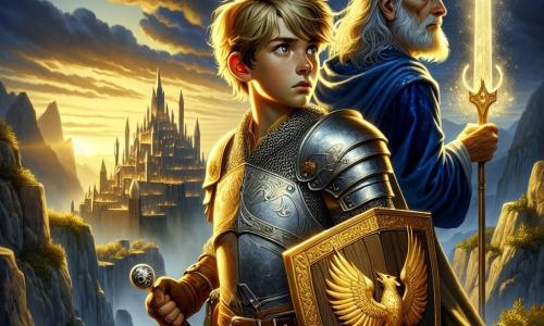 A young boy, Cedric, aged twelve, stands bravely at the edge of a steep cliff, his determined face illuminated by the golden light of the sunset. He wears slightly worn shining metal armor and holds a wooden shield adorned with a silver griffin. His sparkling sword is raised, ready to face the unknown. Beside him, an old sage with a white beard and wise eyes watches kindly. He wears a blue velvet robe and holds a magical staff emitting a soft glow. In the background, the city of Eldoria stretches majestically with its stone walls and tall towers, while dark clouds gather above the distant mountains, creating an atmosphere of mystery and danger. The scene shows Cedric ready to embark on an adventure, determined to find the Ember of Eternity, as the sage whispers advice, adding a touch of magic to this crucial moment.