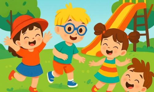 There are 4 children: Mia, a 4-year-old girl with a bright red hat, brown hair, and sparkling eyes, joyfully jumping on the green grass with her arms raised; Sam, a 4-year-old boy wearing blue glasses and messy blond hair, playfully tiptoeing with a big smile; Lily, a 4-year-old girl with bouncy pigtails and a colorful dress, spinning around with her arms outstretched and laughing; and Max, a 4-year-old boy in polka dot socks and brown hair, sliding on the ground with his feet in the air and contagious laughter. The scene takes place in a sunny garden filled with colorful flowers, green trees, and soft grass, with a giant slide in the background and fluffy clouds. The children are having fun in the garden, each moving in a silly way: Mia jumps like a rabbit, Sam sneaks like a cat, Lily dances while spinning, and Max slides like a snail, creating a joyful and absurd atmosphere.