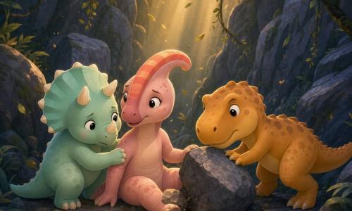 Tico, un pequeño tricératops color menta con cuernos crema cortos, muestra expresión valiente y algo preocupada mientras abraza suavemente a Lila para tranquilizarla; Lila, una parasaurolophus rosa pálido con cresta coral rayada, parece aliviada pero cojea, sentada sobre piedras con una pata atrapada; Rexo, un joven tiranosaurio ocre con manchas marrones, tímido y protector, empuja una gran piedra junto a ellos; el lugar es un barranco estrecho en un bosque oscuro con paredes rocosas grisazuladas, helechos y lianas y rayos de sol dorados; la escena muestra el rescate con polvo y hojas en el aire y una atmósfera cálida y reconfortante; estilo gráfico: colores suaves, formas redondeadas, texturas lisas y luz cálida centrada en los personajes.