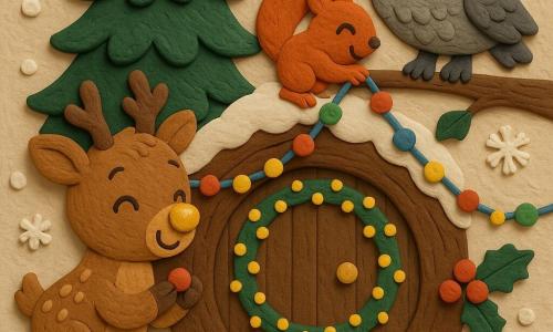 Twinkle, a small reindeer with a shiny golden nose and soft brown fur with light spots, happily holds a small red bead between his hooves; Jingle, a bright red squirrel, perches on a branch above the burrow entrance pulling a colorful garland; Puff, a gray owl with big round eyes, smiles from a nearby branch pointing at a sparkling bead in the snow, as they decorate the round wooden burrow door in a snowy clearing around a dark green fir—multicolored garland, added red bead, warm twinkling lights, vivid saturated colors, rounded contours and visible modeling-clay textures create a gentle festive atmosphere.