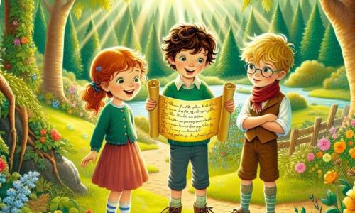 In a sunlit clearing, three children stand together, surrounded by the magic of the Whispering Woods. Leo, a 10-year-old boy with curly brown hair, stands in the center holding a colorful poem, smiling broadly. To his left, Clara, a 9-year-old girl with red pigtails and freckles, leans forward, her eyes sparkling with excitement, ready to listen. On the right, Max, a 10-year-old boy with brown hair and glasses slipping down his nose, looks thoughtfully at the poem. The setting is a lush, golden-lit clearing with vibrant wildflowers blooming around them. Majestic trees with shiny leaves create a natural backdrop, while a sparkling stream nearby adds a touch of magic to the atmosphere. The main scene shows Leo reading the poem he wrote for his father, while Clara and Max listen in wonder. A gentle breeze rustles the leaves, and a warm light seems to envelop the children, creating an enchanted and joyful ambiance.