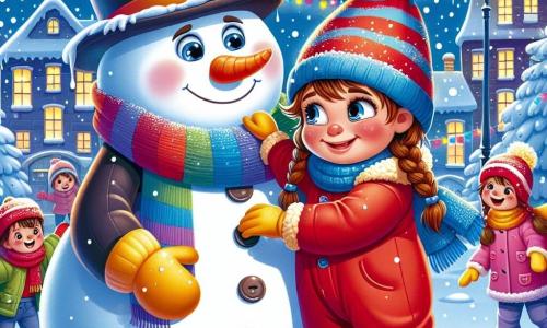 A 3-year-old boy named Oliver, with messy brown hair and rosy cheeks, smiles in wonder as he places a carrot on the face of a large snowman. He wears a bright red snowsuit, a blue wool hat, and yellow gloves, and his eyes sparkle with joy. Next to him, his mother, a woman in her thirties with long braided brown hair, watches him with a warm smile, holding a colorful scarf in her hands. In the background, the village is decorated with twinkling lights and gently falling snowflakes, creating a magical atmosphere. The scene takes place in a snowy park where children play and laugh, and the large snowman, wearing a top hat and branch arms, seems to come to life under the joyful laughter of Oliver and his mother.
