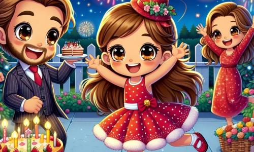 Una niña de 6 años, llamada Sofía, con largos cabellos castaños y ojos brillantes de alegría, salta de felicidad en un jardín iluminado por guirnaldas coloridas. Lleva un vestido rojo con lunares blancos y un sombrero de fiesta. A su lado, su padre, un hombre de unos 30 años con barba ligera y una sonrisa cálida, sostiene un plato de pasteles en forma de estrellas, riendo y animando a Sofía a divertirse. Su madre, una mujer de unos 28 años con cabello castaño y un vestido brillante, se encuentra un poco atrás, levantando los brazos para aplaudir y celebrar el momento. El jardín está decorado con globos multicolores y farolitos que brillan bajo un cielo estrellado, mientras fuegos artificiales estallan al fondo, iluminando la noche con colores vivos. La escena emana un ambiente festivo y alegre, lleno de risas y emoción. Sofía, rodeada de su familia y amigos, cuenta regresivamente para el Año Nuevo, lista para recibir un nuevo año lleno de promesas y aventuras.
