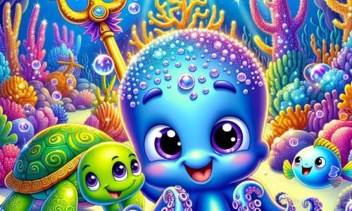 Um pequeno polvo chamado Pipo, com tentáculos vibrantes de azul e roxo, exibe uma expressão de determinação e excitação em seu rosto sorridente, enquanto segura um tridente cintilante com seus tentáculos. Ao lado dele, uma grande tartaruga chamada Tina, com uma carapaça verde adornada com padrões dourados, mostra um olhar orgulhoso e encorajador, nadando graciosamente ao seu lado. Um peixe-bolha chamado Bolha, redondo e colorido com escamas amarelas e rosas, flutua alegremente, seus olhos brilhando de curiosidade ao olhar para o tridente. O cenário é uma magnífica caverna subaquática, iluminada por pérolas brilhantes que cintilam como estrelas, com corais multicoloridos ao redor, criando uma paisagem mágica. A cena principal mostra Pipo e seus amigos triunfantes, tendo conseguido recuperar o Tridente das Marés, prontos para celebrar sua vitória neste mundo mágico e vibrante.
