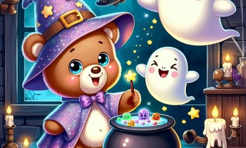 In the center of the image, a young teddy bear named Benny, with soft brown fur and sparkling curious eyes, wears a shimmering wizard costume, complete with a large cape and a pointed hat. He has a wide smile, overflowing with excitement as he holds a wand that glows softly. Next to him, a friendly ghost floats slightly above the ground, with a smiling face and round eyes, appearing joyful and welcoming. It reaches out a translucent hand towards Benny, inviting him into the adventure. A bat vampire, with black wings and mischievous eyes, perches on a shelf, chuckling softly while observing the scene, amused by the magic unfolding. The setting is an old haunted house, with dark wooden walls, cobwebs in the corners, and flickering candles casting a warm glow. Shadows dance on the walls, creating a mysterious yet inviting atmosphere. The main scene shows Benny discovering a bubbling cauldron filled with colorful potion, surrounded by his new friends, ready to share laughter and secrets on this magical Halloween night.