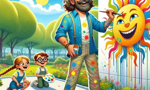 Un uomo di circa quarant'anni, con una barba in disordine e capelli ricci, si trova al centro dell'immagine, con un ampio sorriso sul volto, mentre tiene un pennello colorato in una mano e una tavolozza di pittura nell'altra. Indossa una camicia blu brillante e pantaloni di tela macchiati di vernice, segno della sua passione per l'arte. Alla sua destra, una bambina di otto anni, con lunghi capelli biondi intrecciati, sta dipingendo un grande sole giallo su un muro, i suoi occhi brillano di gioia e entusiasmo. A sinistra, un ragazzo di sette anni, con occhiali spessi, osserva attentamente il lavoro della bambina, tenendo un barattolo di vernice rossa, pronto ad usarlo. La scena si svolge in un parco soleggiato, pieno di verde, con alberi maestosi e fiori colorati lungo il sentiero. Un grande muro bianco, dove i bambini e l'uomo dipingono insieme, è decorato con un arcobaleno vibrante e un sole radioso, creando un'atmosfera gioiosa e creativa. L'immagine mostra l'uomo e i bambini che collaborano felicemente alla loro murale, condividendo risate e storie, mentre la luce del sole illumina i loro volti, catturando l'essenza dell'amicizia e della creatività.