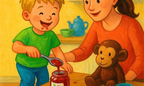 Ein fröhlicher, konzentrierter 4-jähriger Junge mit zerzaustem blondem Haar und Marmeladenflecken am Kinn steht auf einem kleinen Holzhocker und verstreicht mit einem großen Löffel Marmelade auf einer Brotscheibe; seine etwa 32-jährige Mutter, lächelnd und sanft, mit kastanienbraunen Haaren im Pferdeschwanz, beugt sich neben ihn und legt eine Hand tröstend auf seine Schulter; ein brauner Plüschaffe namens Affi mit angenähten Augen sitzt schief auf dem Tisch und hat einen Marmeladenfleck am Ohr; warme, helle Küche mit hellem Holztisch, Krümeln und roten Marmeladenspritzern, offenem Marmeladenglas mit Blumenetikett, bunten Tassen und kleinem blau gestrichenem Hocker; dynamisch-zärtliche Szene mit einem Marmeladenplopp auf dem Brot, Spuren auf der Tischdecke, Ausdruck von Vertrautheit und Vergnügen, kräftigen Farben, sichtbaren dicken Acrylstrukturen und behaglicher Atmosphäre.