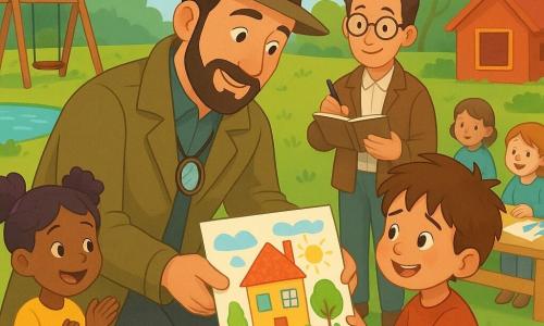Un detective alto y benevolente de unos cuarenta, barba corta castaña, abrigo caqui y lupa al cuello, sonríe mientras, agachado, entrega un gran dibujo reparado a un niño de unos 7 años (Samuel) con pelo castaño revuelto y rostro aún húmedo de lágrimas pero con ojos asombrados; detrás, un reportero (Tomás) de unos 30, bajito con gafas redondas, toma notas; la madre de Samuel, unos 35, pelo rizado gris claro y abrigo azul, pone una mano en el hombro del niño; a la izquierda, una niña de 6 con coletas moradas y vestido amarillo aplaude; otros niños dibujan en una mesa baja con hojas grandes y lápices de colores. Escena en un parque soleado junto a un pequeño lago: césped verde, columpios de madera, una casita de juegos roja, arbustos floridos y mariposas amarillas. Momento de entrega del dibujo recuperado y creación colectiva de uno nuevo, colores vivos, sonrisas, gestos de compartir, ambiente cálido y tranquilo, estilo libro infantil con contornos nítidos y sombras suaves.