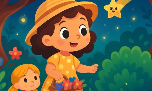 Una niña de 4 años, Lila, con grandes ojos curiosos y cabello rizado, lleva un vestido amarillo con lunares y un sombrero de paja. Son sonrisa es maravillada y sostiene una cesta de mimbre llena de flores coloridas. A su lado, su muñeca Sol, con cabello dorado y un vestido rojo, parece escucharla atentamente. El lugar es el Bosque de los Pensamientos, un sitio mágico con árboles de troncos torcidos, hojas brillantes y flores multicolores que bailan al viento. Luciérnagas iluminan el camino, creando una atmósfera de cuento de hadas. Lila, con una mirada decidida, se acerca a un arbusto donde se ha escondido una estrella fugaz, lista para descubrir el secreto de la tristeza de la estrella.