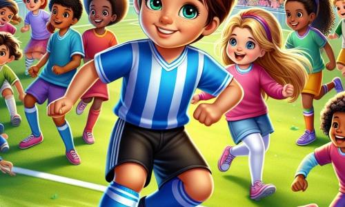 Ein 10-jähriger Junge, Max, mit zerzausten braunen Haaren und neugierigen Augen, steht im Mittelpunkt eines Fußballfeldes. Er trägt ein leuchtend blaues Trikot und schwarze Shorts und zeigt ein großes Lächeln der Entschlossenheit, während er den Ball geschickt dribbelt. Neben ihm ermutigt Leni, ein 10-jähriges Mädchen mit langen blonden Haaren, die zu einem Pferdeschwanz gebunden sind, ihn begeistert in einem rosa Trikot und weißen Shorts, die Arme in die Luft gehoben, bereit, ein Tor zu erzielen. Im Hintergrund sieht man eine Gruppe von Kindern unterschiedlicher Herkunft, Jungen und Mädchen, die bewundernd und unterstützend zuschauen, alle versammelt auf einem grünen Feld, umgeben von Bäumen und bunten Blumen. Die Szene strahlt eine Atmosphäre von Kameradschaft und Freude aus und zeigt die Gleichheit der Geschlechter durch den Sport.