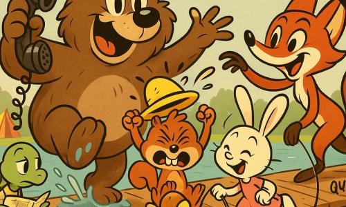 Orso Bruno, grande orso bruno dal pelo morbido e sguardo tondo, felice e sorpreso, tiene un grande telefono antico con una zampa nella pozza mentre il suo piccolo cappello giallo vola via; Lilli la volpe rossa sorride e si protende per afferrare il cappello; Pippo lo scoiattolo ha il cappello sugli occhi e alza le braccia facendo una smorfia comica al centro; Mina la coniglietta bianca in vestito rosa ride chinandosi con una corda per saltare che scivola sul legno davanti a Pippo; Tito la tartaruga, saggia, osserva da sinistra della passerella tenendo una mappa piegata; ambientazione su una passerella di legno vicino a un lago azzurro con tende colorate, una bandiera al vento e qualche anatroccolo che starnazza; situazione: selfie di gruppo caotico con il cappello che vola, la corda che si srotola, lo splash nella pozzanghera e il telefono che cattura l'attimo, composizione dinamica, espressioni esagerate, colori caldi e contrastati in stile cartoon rétro con contorni neri spessi.