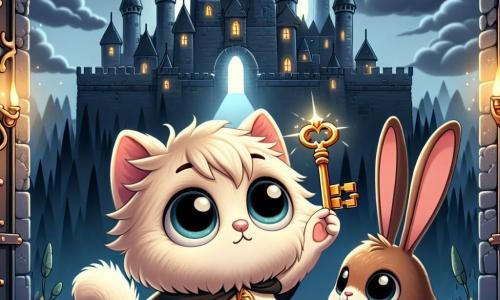 Un piccolo gatto di nome Micio, con un pelo morbido e peloso di colore crema e occhi brillanti come stelle, si trova coraggiosamente davanti a un castello oscuro, con uno sguardo determinato e un po' preoccupato. Accanto a lui, un giovane coniglio di nome Pino, con un pelo marrone e grandi orecchie erette, guarda Micio con ammirazione, pronto ad aiutarlo in questa avventura. Il castello è imponente, con muri in pietra grigia, torri appuntite e finestre scure, circondato da una foresta incantata dove gli alberi sono alti e maestosi, con foglie che scintillano al sole. La scena mostra Micio che solleva la chiave d'oro brillante verso il cielo, mentre una nuvola oscura si allontana, simboleggiando la vittoria sul male.