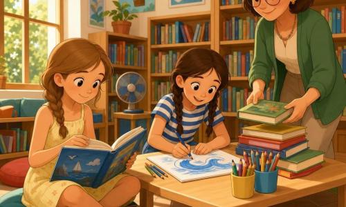 Sofia, una bambina di 10 anni, felice e concentrata, sorride mentre sfoglia un libro dalla copertina blu; carnagione chiara, capelli castano chiaro medio e treccia morbida sulla spalla, veste un abito estivo giallo pallido e sandali, seduta su un cuscino vicino a una grande finestra; Livia, 10 anni, curiosa ed entusiasta, disegna onde con pastelli colorati, capelli castani in due trecce, maglietta a righe blu e bianca, seduta di fronte a Sofia allo stesso tavolino basso; una bibliotecaria di circa 45 anni, sorridente con occhiali tondi e gilet verde, aggiunge un libro a una pila vicino alle bambine; interna calda e luminosa di una mediateca con grandi scaffali in legno pieni di libri colorati, poster illustrati, angolo disegno con barattoli di pastelli, tavolo basso in legno chiaro, cuscini, luce che entra dalla finestra, ventilatore discreto e raggi di sole che tracciano bande sul pavimento piastrellato, atmosfera estiva e tranquilla mentre le due amiche condividono un momento di lettura e disegno.