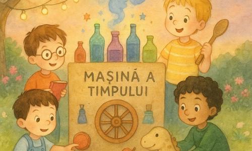 Sunt patru copii de 4 ani: Matei, păr brun scurt, obraji rotunzi, poartă o salopetă bleu, stă în fața „mașinii timpului” din carton cu mâna dreaptă pe un buton mare roșu, în stânga grupului; Luca, păr blond dezordonat, tricou galben cu dungi albe, stă în spate-dreapta a cutiei ținând o lingură de lemn ca un levier, privind uimit; Andrei, păr negru buclat, pulover verde, este ghemuit în dreapta cutiei, ține o lanternă care emite o lumină albastră slabă și oferă un măr unui pui de dino bej pătat; Ilie, păr șaten, ochelari rotunzi, are un carnet roșu și un creion, stă în picioare în stânga, în spatele lui Matei, scriind și zâmbind; locul este un grădină familială la amurg, iarbă verde și flori roz și albe, o cutie de carton transformată în mașină de călătorit în timp cu sticle colorate și o roată din lemn care scoate un nor mic de fum albastru și scântei pastelate, lumini de șirag atârnate în pom, atmosferă caldă, expresii uimită și paletă acuarelă.