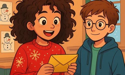 A 12-year-old girl, Maddie, with curly, tousled hair, wears a bright red sweater adorned with snowflakes. Her face shows excitement and curiosity, her eyes shining with anticipation as she holds a mysterious golden envelope in her hands. Next to her is her 12-year-old friend Lucas, with brown hair and round glasses, looking intrigued with a smile, his hands in the pockets of his blue coat. They are in a classroom decorated for Christmas, with twinkling garlands, drawings of snowmen on the walls, and a large window letting in light from a winter sky. Maddie is discovering the letter to Santa she found, ready to embark on an adventure to save Christmas, surrounded by the festive spirit of the school.
