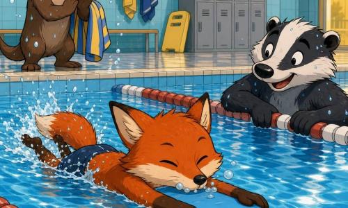 Rino, un piccolo volpacchiotto rosso, è al centro concentrato e sereno, occhi socchiusi e muso vicino all’acqua, tiene una tavoletta da nuoto azzurra e fa battiti di gambe regolari con piccole bolle che escono dal muso; Bruno, il tasso, è a destra con espressione scherzosa ma incoraggiante, pelo bagnato e una zampa sulla corda della corsia mentre sorride a Rino; Lina, la lontra, sullo sfondo vicino al bordo è energica e gioiosa, applaude con le manine bagnate e tiene un asciugamano a righe; piscina comunale luminosa con piastrelle azzurro chiaro, corsie separate da corde rosse e bianche, riflessi sull’acqua, pannelli gialli e armadietti metallici; scena: allenamento del mercoledì sera con tabellone degli allenamenti sul muro, atmosfera di squadra e impegno calmo; stile grafico netto, colori vivaci, linee morbide ed espressioni chiare adatte ai bambini.