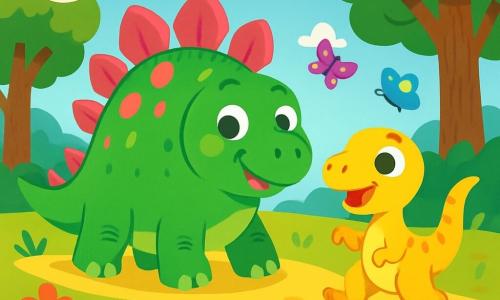 Un stegosaur cu solzi verzi strălucitori și plăci roz pe spate, cu o privire curioasă și un zâmbet vesel, se află în mijlocul unei văi vaste. Lângă el, un mic velociraptor galben strălucitor, cu ochi sclipitori și o coadă agitată, sare de bucurie, pregătit să exploreze. În fundal, copaci mari cu trunchiuri groase și flori multicolore dansează în bătaia vântului, în timp ce un cer albastru strălucitor se întinde deasupra. Scena arată stegosaurul și velociraptorul pregătindu-se să plece în aventură, înconjurați de frumusețea naturii, cu fluturi colorați zburând în jurul lor.