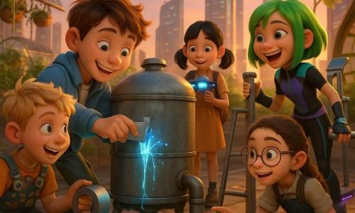 Noah, a smiling focused 12-year-old boy with a round freckled face and tousled brown hair, wears a light blue jacket and cargo pants and is applying silver eco tape to a leak on a rooftop water tank; Tessa, an enthusiastic 12-year-old girl with bright green mid-length hair in a futuristic sporty outfit and a hoverboard beside her, holds a small ladder and encourages him from the right; Mei, a shy delighted ~10-year-old girl with black pigtails in a simple dress and backpack, stands slightly back holding a blinking blue mini-drone; Ben, a curious ~12-year-old boy with short blond hair and a tool vest full of recycled parts, leans in from the left with a roll of eco tape; Lila, a clever ~13-year-old girl with braided hair, round glasses and a sketchbook, crouches and points to a small crack in the pipe. The setting is a futuristic rooftop garden with hanging beds, translucent solar flowers, golden mechanical hives and curved solar panels, glass skyscrapers and illuminated walkways at dusk; the group joyfully repairs a leak on a round metal tank with bright splashes, colorful tools around them, warm collaborative atmosphere and soft golden light with neon reflections.