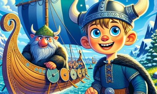 A young Viking boy named Leif, around 10 years old, stands on the deck of a beautiful longship, his face lit up with a wondrous smile and sparkling eyes of curiosity. He wears a navy wool tunic adorned with Nordic patterns and a shiny metal helmet with glimmering horns. Beside him is a troll named Trundle, about 200 years old, with rough gray skin and a branch-like nose. He wears a foam hat and looks at Leif with a friendly and encouraging expression. The setting features a bright blue sky dotted with fluffy white clouds, while the longship glides majestically over snowy mountains and lush forests, creating a striking contrast. The sea below sparkles like thousands of diamonds, reflecting the sunlight. The main scene shows Leif and Trundle sailing together on their magical longship, ready to explore new horizons, filled with excitement and adventure.