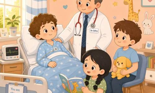 There are four people: Ethan, an 8-year-old boy with curly brown hair in light blue star pajamas lying in a hospital bed on the left, connected to a small monitor on his chest and smiling gently; Dr. Collins, a man in his forties with a round, kind face in a white coat and red stethoscope, standing by the head of the bed with a reassuring hand on Ethan’s shoulder; Jake, a 10-year-old boy with short chestnut hair in a sky-blue T-shirt, seated to the right holding a small yellow stuffed toy and looking at Ethan admiringly; and Mia, a 9-year-old girl with black hair in two braids in a green polka-dot dress, crouched at the foot of the bed holding an open colorful book as if reading to him. The setting is a bright, gentle pediatric room with peach pastel walls, cute animal stickers, a large window on the left with golden light, a small table with colored pencils and a potted plant, light wood flooring and blue-and-white striped curtains. The scene is warm and calm: Ethan shows his gently vibrating monitor, Dr. Collins reassures him while Jake and Mia encourage him, the group forms a close, supportive circle around the bed.