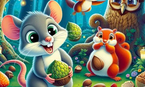 Un piccolo ratto di nome Ratto Raffa, con un morbido pelo grigio e occhi scintillanti di malizia, si trova al centro della scena, sorridendo mentre tiene una grande noce tra le zampe. Accanto a lui, un allegro scoiattolo di nome Saltellino, con un pelo rosso brillante e una coda folta, salta di gioia tenendo un'altra noce, pronto ad aggiungerla alla loro grande collezione. Un saggio gufo di nome Ulisse, con piume marroni e occhiali tondi, è posato su un ramo sopra di loro, osservando con un sorriso benevolo e tenendo una noce tra gli artigli. La scena si svolge in una foresta incantata, con grandi alberi dai tronchi nodosi che si ergono maestosi, le loro foglie verdi brillanti filtrano la luce della luna. Fiori colorati punteggiano il terreno e lucciole danzano intorno a loro, aggiungendo un tocco magico all'atmosfera. Ratto Raffa e i suoi amici stanno preparando una enorme torta di noci, circondati da sacchi pieni di noci, con risate e sorrisi radiosi, creando un'atmosfera gioiosa e conviviale.