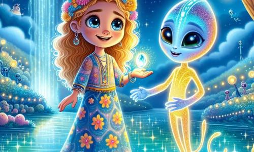 Una niña de 10 años, Valeria, con cabello rizado y dorado, sonríe con asombro, sus ojos brillando de curiosidad. Lleva un vestido colorido adornado con motivos de flores y sostiene un pequeño cristal luminoso en su mano. A su lado está Zila, una extraterrestre alta y esbelta, con piel azul brillante y ojos centelleantes como estrellas, que le sonríe cálidamente. Su entorno es un paisaje fantástico, similar a un puerto mágico, con aguas turquesas brillantes bajo un cielo salpicado de nubes con forma de criaturas. Luces flotantes iluminan el lugar, creando una atmósfera mágica. La escena muestra a Valeria y Zila frente a una puerta de cristal misteriosa, iluminada por el cristal que Valeria sostiene, lista para abrirla y descubrir el mundo de risas y alegría que les espera detrás.
