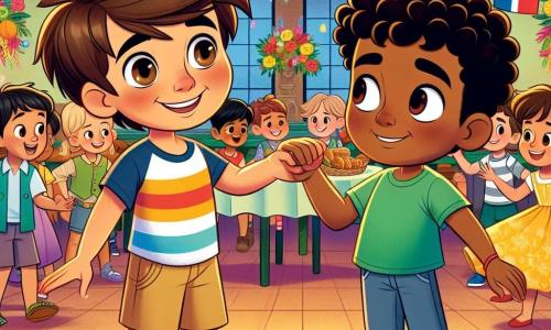 Um menino de 10 anos, Miguel, com cabelos castanhos e olhos brilhantes, está no centro da imagem, exibindo um grande sorriso e uma expressão de determinação. Ele usa uma camiseta colorida e um short, estendendo a mão para outro menino, Lucas, para incluí-lo em seu grupo. Lucas, também de 10 anos, com pele escura e cabelos crespos, está ao lado de Miguel, um pouco tímido, mas sorrindo, enquanto observa as outras crianças dançarem. Ele veste uma camiseta verde e uma calça jeans. Ao fundo, vê-se uma sala comunitária decorada com bandeiras coloridas de diferentes países, com mesas cheias de pratos tradicionais do mundo todo, criando uma atmosfera festiva e acolhedora. A cena principal mostra Miguel e Lucas, de mãos dadas, prestes a se juntar a um grupo de crianças que dançam alegremente juntas, simbolizando amizade e inclusão, apesar de suas diferenças culturais.