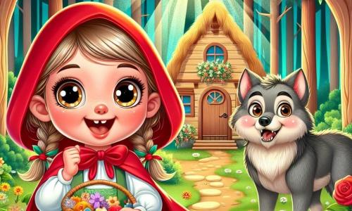 O Pequeno Red Riding Hood, uma menina alegre de cerca de 8 anos, usa um capuz vermelho brilhante e um vestido florido. Ela tem grandes olhos cintilantes e um sorriso radiante, segurando uma cesta cheia de doces. Ela está no meio de uma floresta encantada, cercada por árvores de troncos grossos e folhas verdes vibrantes, enquanto raios de sol penetram entre a folhagem. Ao seu lado, um lobo amigável, grande e peludo, com pelagem cinza e olhos suaves, está perto dela. Ele sorri calorosamente, mostrando que é um amigo e não um predador. Ao fundo, uma avó de cerca de 70 anos, com cabelos prateados e óculos redondos, está na porta de uma pequena casa de madeira, acolhedora e decorada com flores coloridas. A cena acontece em uma clareira iluminada, cheia de flores silvestres e borboletas voando. O Pequeno Red Riding Hood e o lobo estão compartilhando um piquenique alegre, cercados pela magia da natureza, simbolizando a amizade e a proteção do meio ambiente.