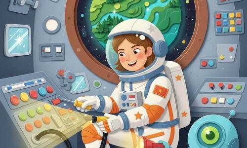 Ania, około 30-letnia astronautka, uśmiechnięta i zdeterminowana, kuca w biało-pomarańczowym skafandrze z namalowanymi gwiazdami i naprawia błyszczący czarny kabel śrubokrętem w żółtym uchwycie; obok stoi mały, przyjazny, okrągły robot błękitny z zielonym świecącym okiem, trzymający czerwoną latarkę. Kokpit pełen jest kolorowych, okrągłych przycisków, migoczących ekranów i srebrnych dźwigni, z dużym oknem ukazującym bliską, zieloną planetę z papierowymi lasami i turkusowymi rzekami; scena przedstawia Anię naprawiającą zablokowany kabel przy pulpicie przy świetle robota, w nastroju łagodnego zwycięstwa, jaskrawe kolory, proste kształty i widoczne faktury papieru.