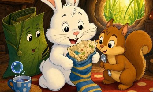 A small fluffy white rabbit with round shiny eyes and a slightly brave, joyful expression holds a striped sock with a crumpled paper map; a small light-brown squirrel with a curious smile stands beside it holding a tiny shiny spoon and looking at the map; an anthropomorphic green leaf wallet with painted gentle eyes is ajar behind them as if whispering; the setting is a cozy wooden burrow with a low ceiling, red polka-dot rug and warm golden light through a grassy tunnel; simple joyful scene: the rabbit finds a "treasure map" in the sock and begins a small adventure, bright colors, soft outlines and plush textures, centered composition, comforting mood.