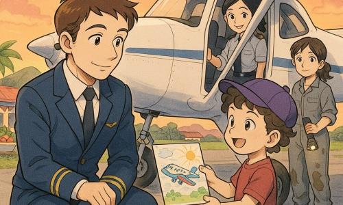 A male pilot in his 30s with short brown hair, a gentle smile and a neatly pressed blue uniform jacket holding his hat, kneels on the tarmac to receive a colorful drawing; a female co-pilot around 28 with black hair in a ponytail stands in the plane doorway smiling; a confident six-year-old boy with curly hair, a purple hat and chalk in his pocket holds the drawing out; a female mechanic about 35 in oil-stained gray coveralls with a flashlight and small tool watches near the wheel; in the background a small island airport at sunset with a gray runway, green grass, red-roofed houses, festive garlands and bowls of fruit on a table, and an orange sky with pink clouds, the scene conveying a successful landing, warm exchange and golden light on a white, wide-winged plane.