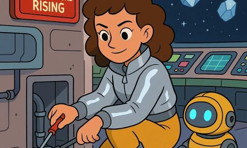 The main character is Captain Mila, a smiling but focused woman with a calm determined expression, curly brown hair, a shiny silver jacket and soft boots, crouching before a small open panel and touching a pipe with a screwdriver; a secondary character is a small round friendly maintenance robot, yellow and gray with two blue LED eyes, rolling beside Mila and projecting a small lamp on the fault; the setting is the Swift Feather’s bridge with rounded consoles, colorful screens, pink, green and blue lit buttons, a large oval porthole showing space, polished metal surfaces and tidy cables; the main situation: a red alarm flashes “Fuel Tank Temperature Rising” as Mila repairs a tiny leak while outside the porthole glittering ice chunks and a dark blue starfield form the backdrop.