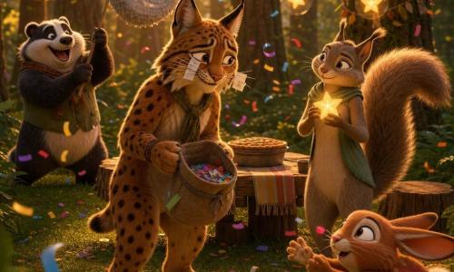 Lino, un lince antropomorfo de pelaje rojizo moteado y orejas puntiagudas, con expresión apenada pero sincera, sostiene un pequeño saco de tela del que caen confeti y tiene papeles pegados en los bigotes; Menta, una ardilla delgada de pelaje grisáceo y larga cola, sonríe ternamente y sostiene una estrella luminosa en el pecho, junto a la mesa mirando a Lino; Tilo, un tejón rechoncho en blanco y negro, ríe al fondo balanceando una piñata en forma de luna a la izquierda; Brinco, un conejo pequeño y rojizo, mira maravillado intentando atrapar un confeti al frente a la derecha; claro del bosque con hierba, helechos, troncos de pino y guirnaldas, mesa rústica con mantel a rayas y tarta en el centro, luces doradas de tarde filtrándose entre los árboles; escena festiva tras romper la piñata: lluvia de confeti multicolor en espiral, personajes reunidos alrededor de la mesa, ambiente cálido y algo caótico con estrellas luminosas flotando sobre las manos.