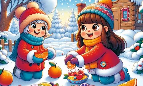 Uma menina de 6 anos, Clara, com longos cabelos castanhos e bochechas rosadas, sorri alegremente enquanto cria um grande coração colorido na neve. Ela usa um casaco vermelho vivo, botas azuis e um gorro com pompom, e está agachada, com as mãos cheias de frutas coloridas. Ao seu lado, seu amigo Lucas, um garoto de 6 anos com cabelos loiros e óculos redondos, a ajuda a dispor fatias de laranja e framboesas na neve, rindo com entusiasmo. Outra amiga, Emma, uma menina de 6 anos com cabelos cacheados e pele clara, segura uma paleta de pintura e adiciona toques de cor à neve, com um grande sorriso no rosto. O cenário é um jardim invernal, com árvores cobertas de neve cintilante, um céu azul claro e flocos de neve caindo suavemente. Ao fundo, vê-se uma pequena casa de madeira com fumaça saindo da chaminé, acrescentando um toque acolhedor à cena. A situação principal mostra Clara e seus amigos criando uma magnífica obra de arte na neve, cheia de cores vibrantes e risadas, simbolizando a alegria e a amizade no inverno.