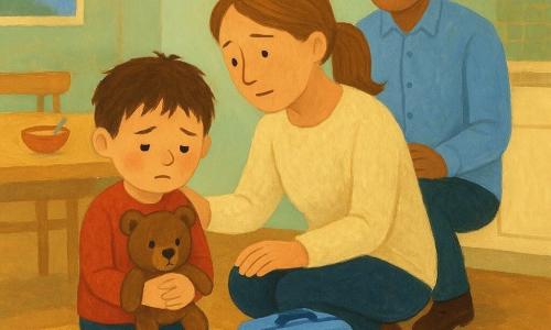 Un bambino di 6 anni, Luca, guarda la sua piccola valigia blu a rotelle; è triste ma rassegnato e stringe il peluche Orso Nino. La madre (circa 35 anni) è accovacciata accanto a lui, capelli castano chiaro legati, maglione crema, mano sulla spalla e sguardo tenero; il padre (circa 36 anni) sta dietro, camicia azzurro chiaro, mani giunte ed espressione preoccupata ma dolce. Ambientazione: cucina familiare illuminata da una grande finestra, tonalità pastello e tavolo in legno chiaro, valigia sul pavimento vicino a un tappeto a stelle; momento intimo prima di una separazione, atmosfera calda e rassicurante con luci morbide.