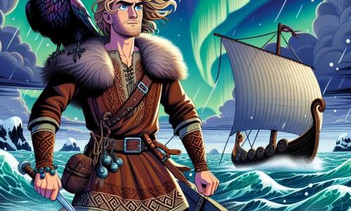 Eirik, un joven vikingo de unos 20 años, se mantiene orgulloso y decidido en su drakkar, con su cabello rubio ondeando al viento y su mirada llena de entusiasmo. Lleva una túnica de piel marrón, adornada con motivos nórdicos, y una pulsera de cuero en su muñeca. A su lado, un cuervo negro de ojos esmeralda está posado en su hombro, observando atentamente el horizonte. Al fondo, el mar del norte está agitado, con olas blancas salpicando el borde del barco, mientras nubes oscuras se acumulan en el cielo, creando una atmósfera de misterio. La ilustración también muestra auroras boreales en el cielo, iluminando la escena con colores vibrantes de verde y violeta. Eirik navega valientemente hacia una isla misteriosa, listo para enfrentar los desafíos que le esperan para recuperar el amuleto de Freya, con una expresión de determinación en su rostro.
