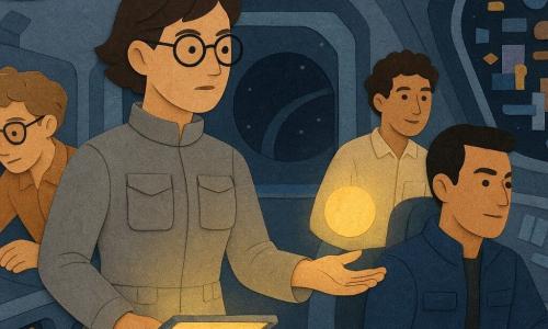 Una mujer ingeniera adulta de rostro concentrado y curioso, pelo corto castaño y gafas redondas, con mono espacial gris con bolsillos y herramientas visibles, sostiene una tableta luminosa y extiende la mano hacia una pequeña esfera flotante de luz; a su derecha, un piloto de unos 28 años de rasgos decididos, pelo negro al rape y chaqueta azul oscuro, está sentado en la cabina con las manos en un joystick mirando al exterior; detrás, un biólogo de unos 26 años, pelo rizado y sonrisa tímida, con camisa beige, flota observando una pantalla que proyecta imágenes coloridas de la 