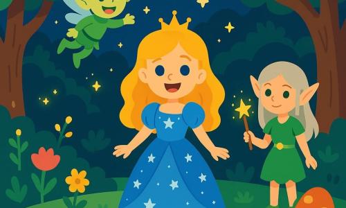Una principessa di nome Sofia, di circa 18 anni, si trova al centro di una radura incantata, con i capelli dorati scintillanti e un sorriso radioso di eccitazione. Indossa un abito di seta blu decorato con stelle argentate che brillano sotto la luce della luna. Accanto a lei, un piccolo folletto verde di nome Pippo, di 10 anni, vola gioiosamente intorno a lei, con ali traslucide e un grande sorriso malizioso. Un'elfa gentile, Elisa, di 15 anni, si trova un po' in disparte, con capelli argentati e orecchie a punta, tenendo una bacchetta magica scintillante. Il luogo è una foresta incantata, con alberi maestosi dai tronchi spessi e foglie luminose, illuminate da lucciole danzanti. Fiori colorati e funghi dalle forme strane punteggiano il terreno, creando un'atmosfera magica e fiabesca. La scena principale mostra Sofia, piena di speranza e coraggio, pronta a incontrare il suo principe al chiaro di luna, mentre i suoi amici la circondano, pronti ad aiutarla a superare i pericoli della foresta incantata.