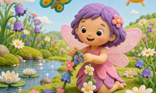 Piccola fata Lilla, volto rotondo e sorriso ampio, ali traslucide rosa, capelli corti viola, gioiosa, intreccia una ghirlanda di fiori sulle ginocchia; una farfalla colorata, ali turchese e gialle, piccola e leggera, vola appena sopra di lei battendo dolcemente le ali; un laghetto limpido con acqua brillante e riflessi argentati, rive di muschio verde e ninfee bianche alla sua sinistra; prateria fiorita coperta di margherite e campanule, erba ondeggiante e cielo estivo azzurro con un sole rotondo e sorridente; scena: giornata estiva calma in cui la fata danza, si bagna e crea la ghirlanda, atmosfera dolce, colori pastello, forme morbide ed espressioni tenere e amichevoli.
