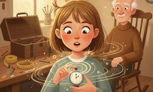 Een 10-jarig meisje met kastanjebruin bobkapsel en een ondeugende lok, grote nieuwsgierige ogen en een verwonderde geconcentreerde uitdrukking, houdt een klein zilverkleurig horloge met stoffen bandje in beide handen en drukt zacht op een grote glanzende knop; achter haar, in een schommelstoel, zit een ongeveer 70-jarige grootvader met wit haar en dunne snor, in een bruine gebreide trui, zacht glimlachend en liefdevol kijkend; de scène speelt zich af in een warm, oud atelier met een houten gereedschapskist, verfgestreepte werkbank, roestige spijkers en oude rolmaten, goudkleurig licht door een stoffig raam, en het horloge heeft net een mechaniek geactiveerd waardoor de lucht eromheen golft als een deken met zwevende lichte deeltjes en concentrische ringen — een zachte, mysterieuze, magische sfeer in warme kleuren en zichtbare gouachetexturen.