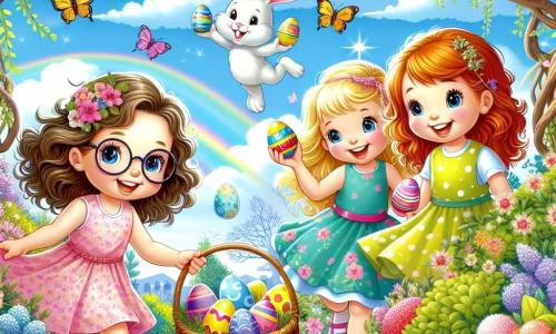 W magicznym ogrodzie cztery sześcioletnie dziewczynki, Zosia, Maja, Ala i Hania, poszukują jajek wielkanocnych. Zosia, z brązowymi włosami i okularami, ma różową sukienkę i trzyma koszyk. Maja, z blond kręconymi włosami, jest w niebieskiej sukience i wskazuje na jajko schowane za drzewem. Ala, z rudymi warkoczami, nosi zieloną sukienkę i uśmiecha się, odkrywając czekoladowe jajko pod krzakiem. Hania, z kasztanowymi włosami związanymi w kucyk, skacze z radości w żółtej sukience. Ogród jest pełen kolorowych kwiatów, dużych drzew z sękatymi pniami i motyli latających wokół. Niebo jest jasnoniebieskie, z puszystymi białymi chmurami, a wielka tęcza oświetla scenę. Dziewczynki są otoczone małymi różowymi królikami, z których jeden, Wielkanocny Królik, radośnie prowadzi je w poszukiwaniu ukrytych jajek, tworząc świąteczną i magiczną atmosferę.