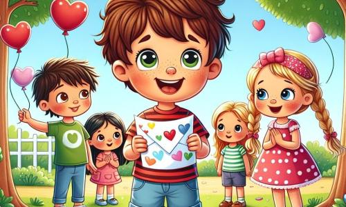 Un băiat de 8 ani, pe nume Mihai, stă în centrul imaginii, cu un zâmbet mare pe față și ochi strălucitori de bucurie. Are părul castaniu dezordonat, o cămașă roșie cu dungi și o pereche de pantaloni scurți albaștri, ținând o scrisoare colorată în mâini, pregătit să i-o înmâneze prietenei sale. La dreapta sa, Ana, o fetiță de 7 ani, cu părul lung blond împletit și o rochie roz cu buline, îl privește pe Mihai cu un ochi plin de entuziasm, obrașii ei fiind ușor rumeniți. La stânga, Andrei, un băiat de 8 ani cu părul castaniu și un tricou verde, zâmbește așteptând scrisoarea, cu mâinile în buzunarele pantalonilor. Scena se desfășoară într-un parc însorit, plin de flori colorate și copaci mari verzi, cu baloane în formă de inimă plutind în aer. În fundal, un cer albastru deschis este presărat cu câteva nori albi pufoși. Situația principală îl arată pe Mihai, mesagerul secret, pregătit să livreze o scrisoare de dragoste Anei, în timp ce Andrei așteaptă cu nerăbdare, creând o atmosferă veselă și plină de promisiuni de prietenie și dragoste.