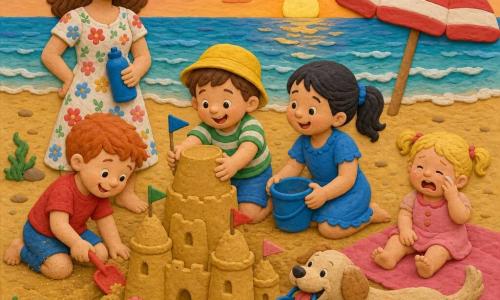 Um grupo na praia ao crepúsculo: um menino de 4 anos de cabelo castanho curto e chapéu amarelo aperta um balde de areia úmida para formar uma torre de castelo; Sofia, ~5 anos, com cabelo preto em duas marias e vestido azul, ajoelhada à direita com um pequeno balde azul; Tom, ~5 anos, ruivo de camiseta vermelha, cava com uma pá vermelha à esquerda; uma mãe de ~30 anos, cabelos castanhos e vestido floral, observa sorrindo com uma garrafa de água; uma menina de ~3 anos loira chora levemente perto de uma toalha rosa até que um cão médio bege traz seu balde na boca; praia larga de areia dourada com pequenas conchas, ondas translúcidas e um guarda-sol listrado vermelho e branco ao fundo; todos constroem juntos um grande castelo de areia com várias torres e bandeirinhas, rindo e ajudando-se mutuamente.