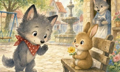 O personagem principal é um pequeno lobo cinzento de pelo fofo e olhos brilhantes, expressão tímida e curiosa, inclinando-se para saudar, usando uma pequena echarpe vermelha às bolinhas e com uma pata levantada; ao lado, um coelhinho castanho de pelagem macia, sorriso acolhedor, sentado num banco de madeira a oferecer-lhe uma flor amarela; em segundo plano, uma mamãe-loba sorridente na porta de uma casa de pedra com uma panela nas mãos; cenário: uma praça de aldeia pavimentada com fonte redonda, árvores de folhas verde-claras, baloiços azuis e casas de telhados vermelhos, encontro doce e tímido ao sol da manhã em tons pastel com texturas de aquarela.