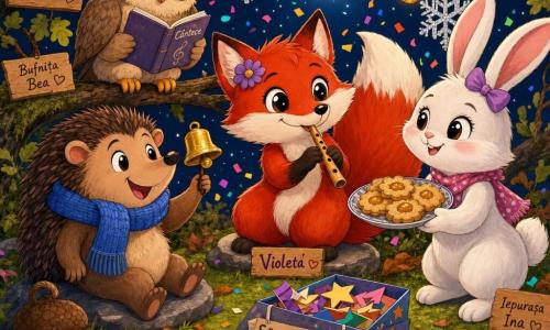 O vulpiță roșcată pe nume Violeta, zâmbitoare și emoționată, cu ochi mari și coada stufoasă cu vârf alb, suflă o notă veselă la un mic flaut de lemn în centrul scenei; în stânga ei stă Ariciul Aron, un arici maro cu o eșarfă albastră groasă care râde și agită o clopoțeluță aurie, iar în dreapta Iepurașa Ina, o iepuroaică albă cu urechi roz, zâmbitoare și tandră, oferă un platou cu biscuiți de miere; pe o creangă joasă, în spatele grupului, Bufnița Bea, bej, cu ochelari rotunzi și aripi pliate, ține un caiet de cântece, privind visător; poiana nocturnă e luminată de felinare în formă de ghindă și ghirlande aurii, cu sol de mușchi verde presărat cu frunze portocalii și pietricele plate pentru șezut, confetti colorate și fulgi de hârtie argintată sub lună plină, iar o cutie deschisă scapă bilete și stele de hârtie; scena centrală arată prietenii numărând împreună pentru Anul Nou, fețe luminoase, gesturi calde, atmosferă festivă, culori calde contrastând cu cerul albastru închis înstelat, stil cu contururi clare, culori saturate, texturi de hârtie și stofă vizibile și expresii exagerate prietenoase, compoziție clară și potrivită pentru copii.